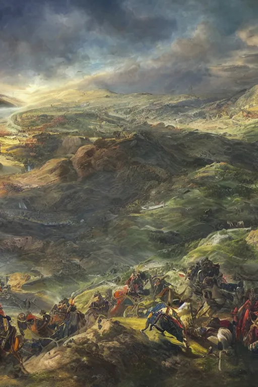 Image similar to An extremely beautiful wide view of a battlefield showing the Spanish empire overcoming the moors, re-conquest of Córdoba, Spanish flag, historical, regal, digital art painting, smooth, sharp focus, award winning picture, extremely detailed masterpiece, sense of awe, featured on Artstation, Artgerm, extremely detailed battlefield, hills background, atmospheric lightning, highly detailed illustration highlights, concept art, Exquisite matte painting, 8K detail post-processing