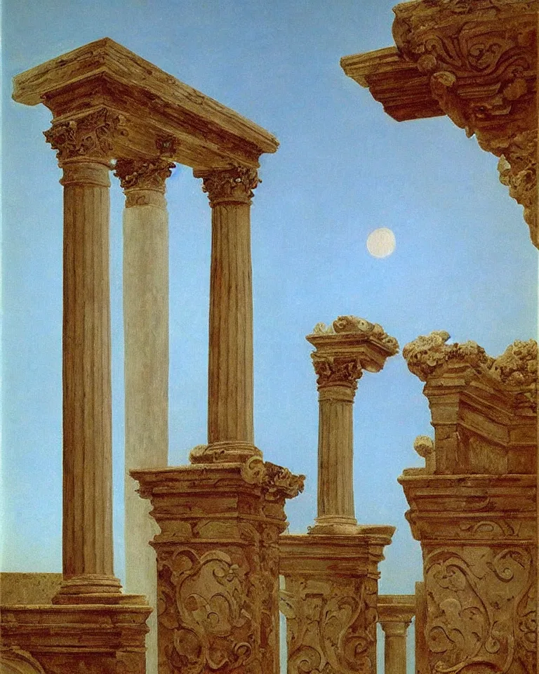 Image similar to achingly beautiful painting of intricate ancient roman ionic capital on a baby blue background by rene magritte, monet, and turner. giovanni battista piranesi.