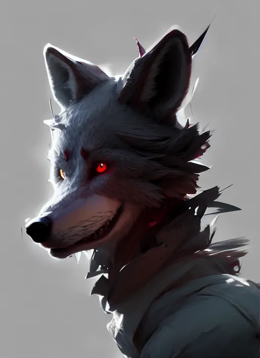 Prompt: award winning portrait of a male anthropomorphic dark gray wolf red hair. character design by cory loftis, fenghua zhong, ryohei hase, ismail inceoglu and ruan jia. artstation, volumetric light, highly detailed, photorealistic, fantasy, rendered in octane