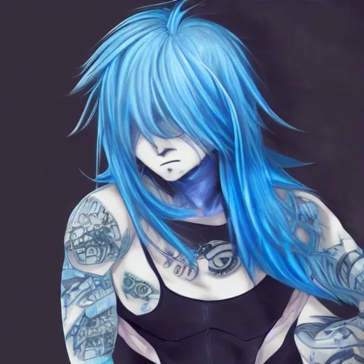 Prompt: a cartoon picture of a man with blue hair, a detailed painting by nagasawa rosetsu, featured on pixiv, transgressive art, anime, deviantart hd n 9