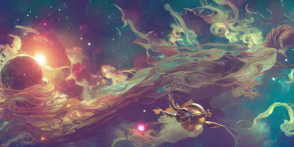 Image similar to !dream highly detailed digital of aquatic animals swimming in space, colorful nebulas , planets in the background, highly detailed, intricate design, cinematic view, 8k resolution, artstation, by Akihiko Yoshida, Alphonse Mucha, Moebius, Krenz Cushart