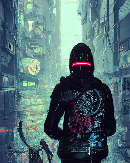 Image similar to detailed portrait Neon guard boy with long straight blonde hair seen from the back, cyberpunk futuristic, reflective puffer jacket, black leggings, decorated with traditional ornaments in front of a dystopian crowd with piles of garbage by Ismail inceoglu dragan bibin hans thoma, Perfect face, fine details, realistic shaded, fine-face, pretty face