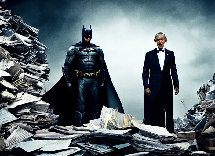 Prompt: obama nervously standing by a mountain of papers, film still in the new batman movie, 4 k