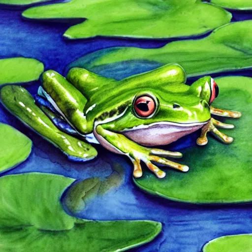 Image similar to water color on paper, frog hopping onto a lilly pad, highly detailed, artstation, masterpiece, award - winning,