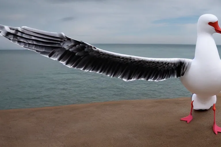 Image similar to giant seagull, human arms instead of wings, extremely realistic, extremely detailed