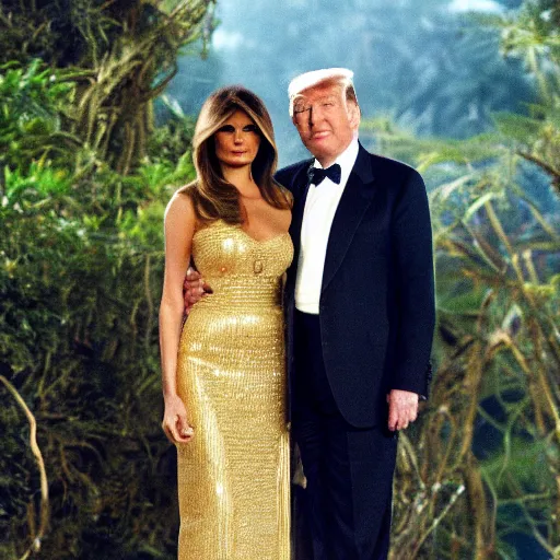 Image similar to donald and melania trump as egyptian king and queen, elegant, majestic, powerful, pyramids, anunaki, hieroglyphs, lush, rainforest, river, green, river god, wilbur smith, gold, trump tower