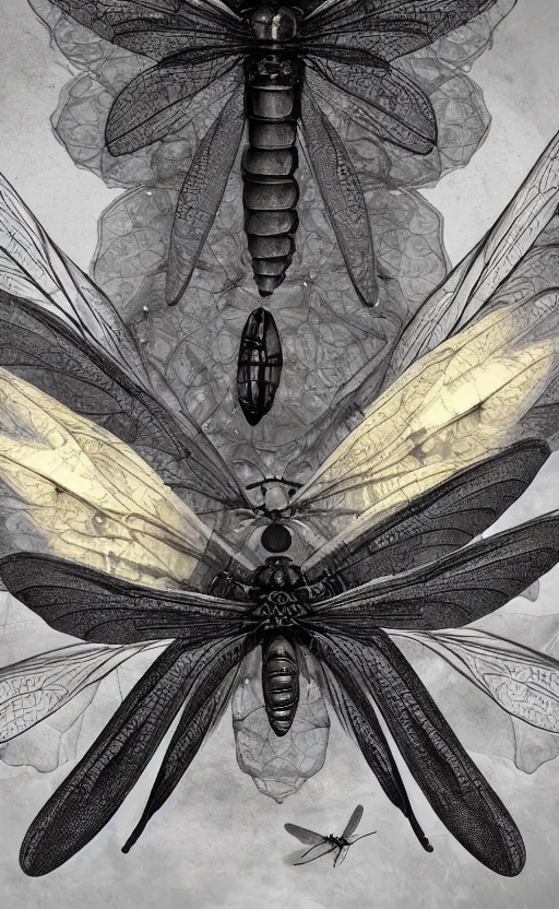 Prompt: a beautiful huge dragonfly with big mechanical wings, ultra detailed, magnolia, orchid, and black butterflies, ethereal, smoke art, lemon infrared