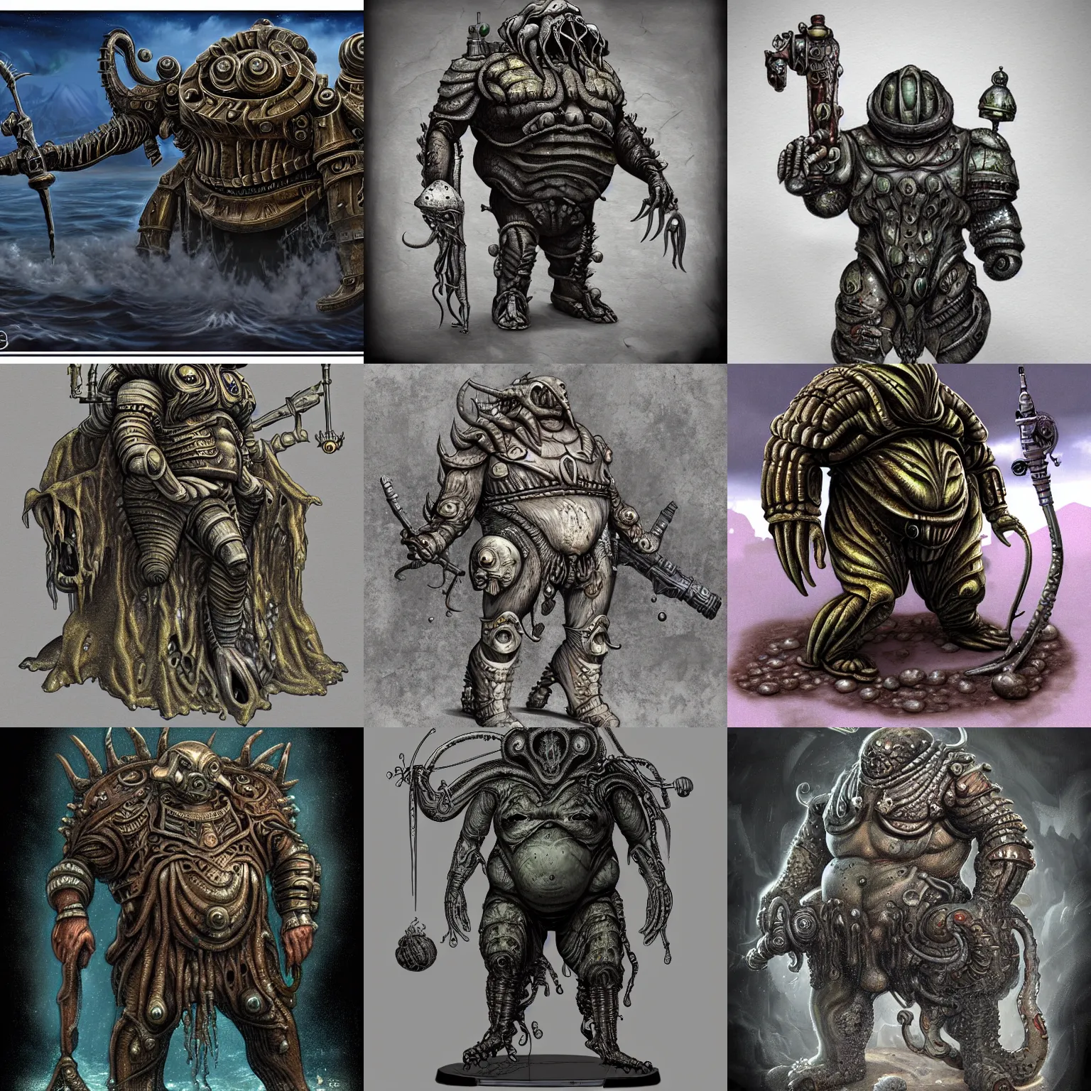 Prompt: fat poseidon in ancient alien planet lovecraftian sci-fi bathyscaphe armor, in the style of giger, stylized, highly detailed, trending on artstation, award winning, painted warhammer miniature
