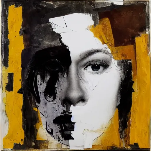 Image similar to The performance art is an abstract portrait of a woman. The woman's face is divided into two halves, one half is black and the other is white. The woman's eyes are large and staring. The performance art is full of energy and movement. electric, Still Life by Robert Rauschenberg mild