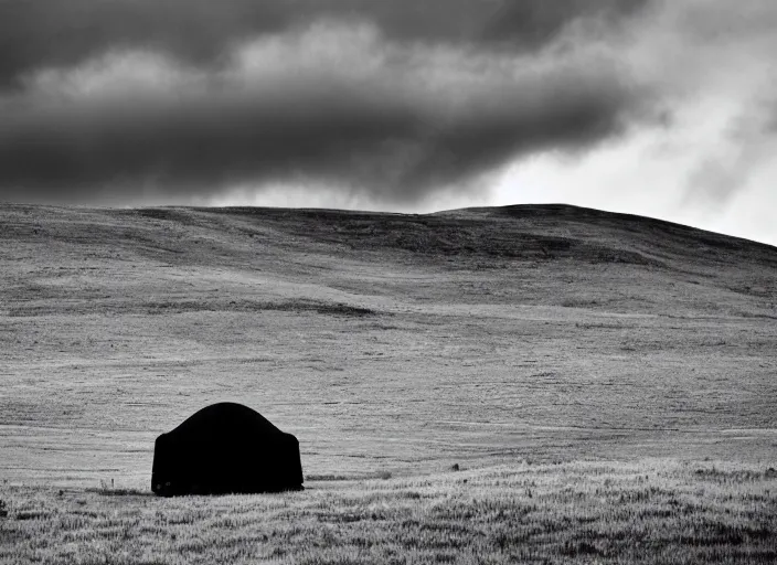 Image similar to a lone yurt on a hill overlooking cloudy mountains in the morning