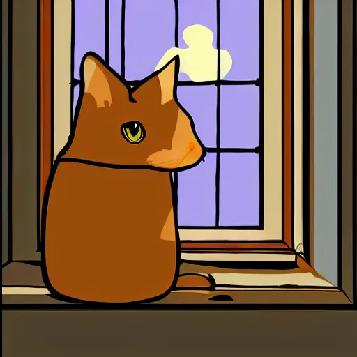 Image similar to a tabby cat looking trought the window, at a nuclear exlosion, digital art