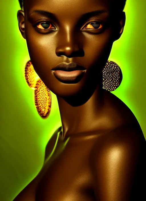 Prompt: a young beautiful african woman looking straight ahead with lights reflected in her green eyes, dark hair, symmetrical, hyperdetailed photograph by irakli nadar and alexandre ferra, intricate details, in the style of a national geographic portrait, global illumination, radiant light, detailed and intricate environment, dark background