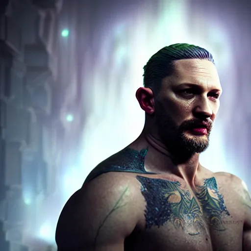 Image similar to hyperrealistic full body mixed media image of a tom hardy as elvish god of light, stunning 3 d render inspired art by greg rutkowski and xiang duan and thomas eakes, realistic, highly detailed attributes and atmosphere, dim volumetric cinematic lighting, 8 k octane detailed render, post - processing, masterpiece,