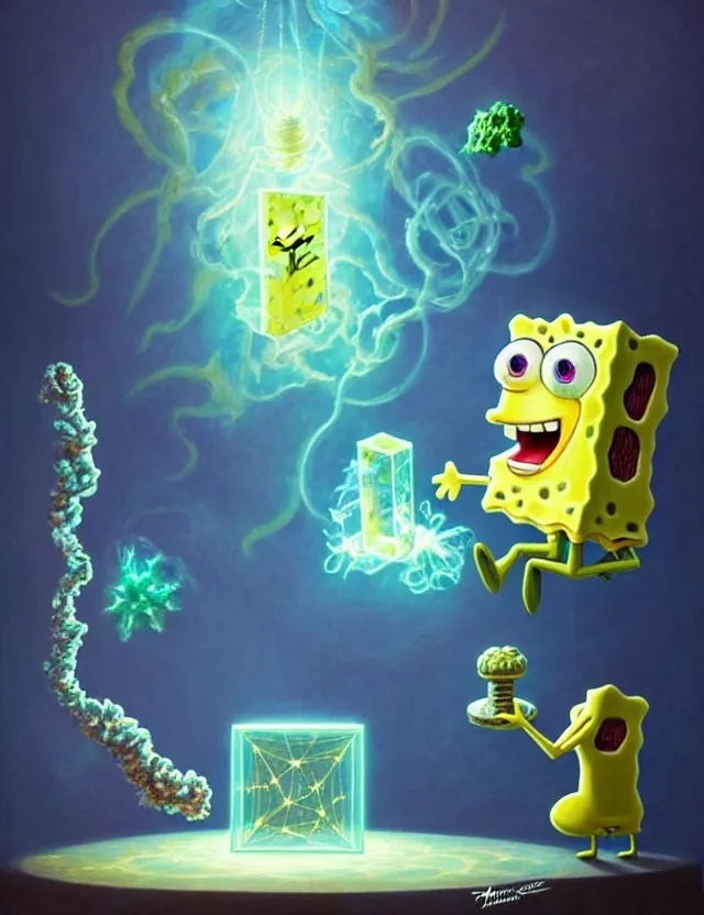 Image similar to front shot of spongebob smoking weed with elon musk, hyperdimensional, bioluminescent hypercubes, crystalline!!! holography!!!, (((intricate))), elegant, highly detailed, centered, (((artstation, concept art, smooth, sharp focus, artgerm, Tomasz Alen Kopera, Peter Mohrbacher, donato giancola, Joseph Christian Leyendecker, WLOP, Boris Vallejo))), mugshot!!!!!, ugly!!!!!!, octane render, nvidia raytracing demo, grainy, muted, 8K, digitalblasphemy