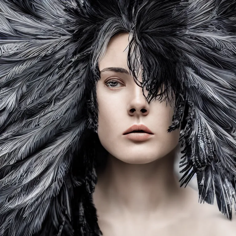 Prompt: hight focus of a wonderful realistic focused sweet wonderful symmetrical mid portrait of a lonely woman with a wonderful hair, dressed with a realistic black raven plumes, dramatic light, octane render - 8 k