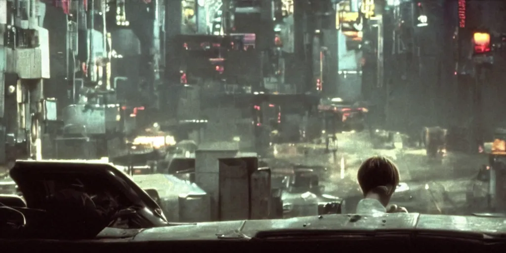 Image similar to at night, a white teenage girl with a pixie haircut in an oversized man's jacket clutches onto the back door of a giant truck as it drives towards the factory district : a still from a sci - fi dystopian cyberpunk film by steven spielberg from 1 9 8 0 s, shot on 3 5 mm film by janusz kaminski