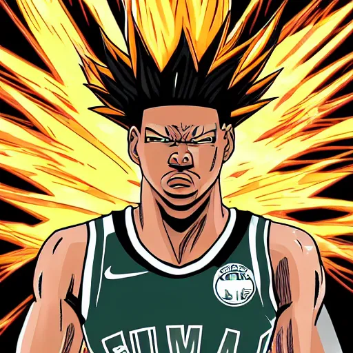 Image similar to Giannis Antetokounmpo going super Saiyan, manga 8k