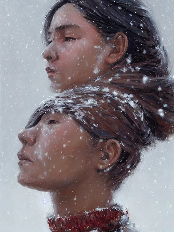 Prompt: an ultradetailed beautiful portrait painting of an female tribe native standing in an arctic snow storm, side view, oil painting, high resolution, by ilya kuvshinov, greg rutkowski and makoto shinkai