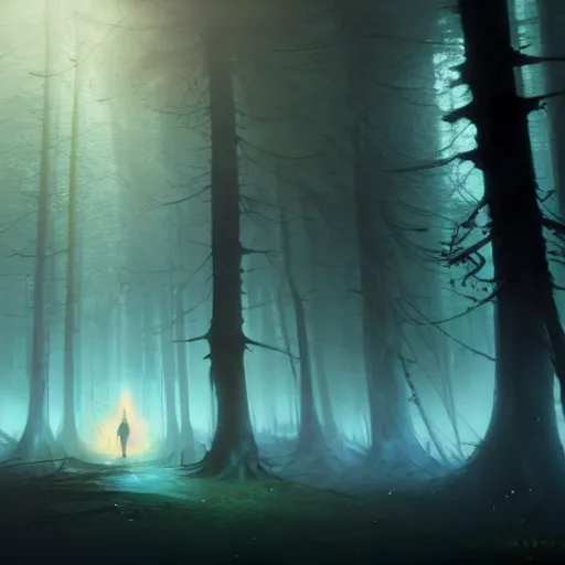 Image similar to cinematic shot, dark hooded mage ( spectre ) using his magic ultimate in the dead forest with leaves falling, symmetrical, 8 k, atmospheric, realistic, made by ivan aivazovsky, peter mohrbacher, greg rutkowski, volumetric light, broad light, fantasy art, sci - fi art, details visible, unreal engine, octane render