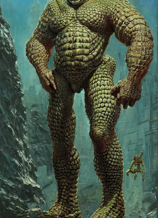 Prompt: brock lesnar as reptilian beast wearing scifi armour suit, dynamic action, by lawrence alma - tadema and zdzislaw beksinski and norman rockwell and jack kirby and tom lovell and greg staples, artstation creature art