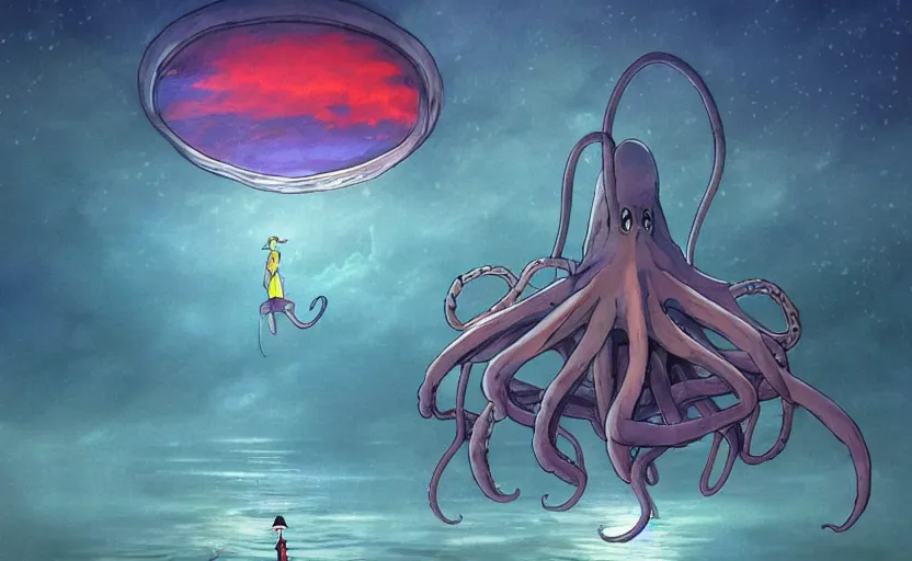 Image similar to a realistic cell - shaded studio ghibli concept art from paprika ( 2 0 0 6 ) of a flying multi - colored octopus from close encounters of the third kind ( 1 9 7 7 ) and dimensional portal to another world above a flooded white pyramid on a misty starry night. very dull colors, wide shot, hd, 4 k, hq