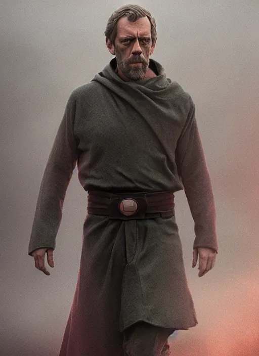 Prompt: hugh laurie as obi vam kenobi, long sleeve, confident, fog, rain, volumetric lighting, sharp focus, ultra detailed, cgsociety by leesha hannigan, ross tran, thierry doizon, kai carpenter, ignacio fernandez rios, noir art house,