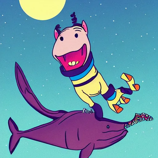 Image similar to Bojack Horseman riding a whale in space, digital art, Bojack Horseman