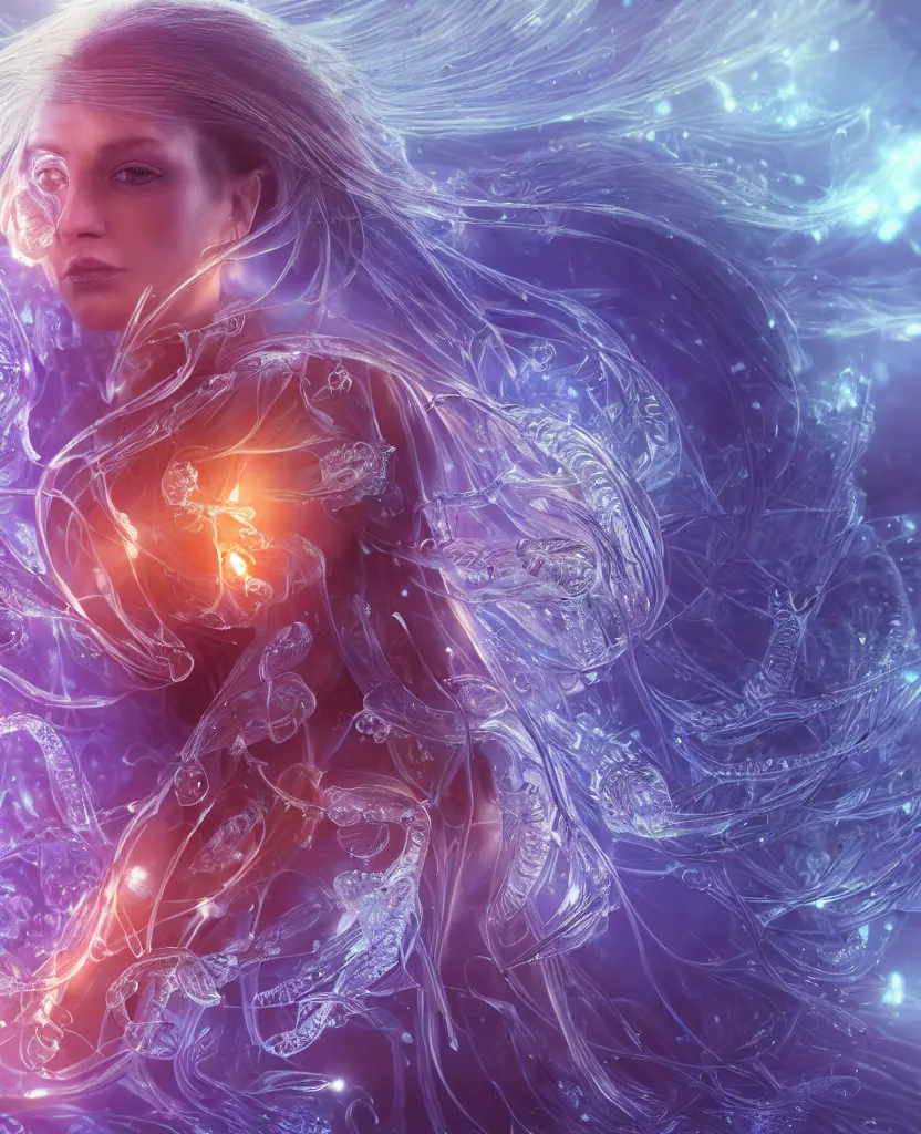 Image similar to close-up macro portrait of the face of a beautiful princess, epic angle and pose, symmetrical artwork, 3d with depth of field, blurred background, cybernetic jellyfish female face skull phoenix bird, translucent, nautilus, energy flows of water and fire. a highly detailed epic cinematic concept art CG render. made in Maya, Blender and Photoshop, octane render, excellent composition, cinematic dystopian brutalist atmosphere, dynamic dramatic cinematic lighting, aesthetic, very inspirational, arthouse. y Greg Rutkowski, Ilya Kuvshinov, WLOP, Stanley Artgerm Lau, Ruan Jia and Fenghua Zhong