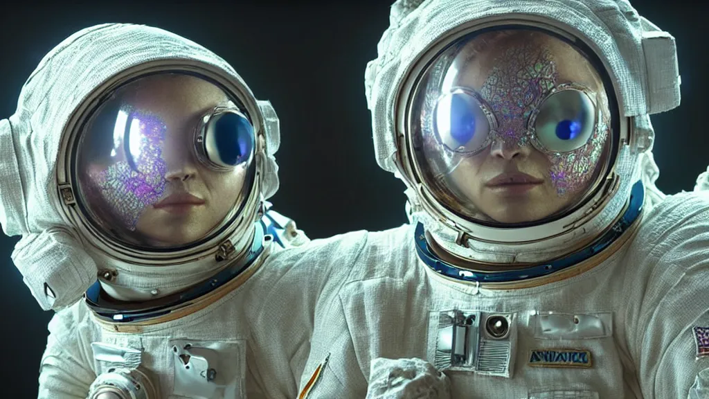 Image similar to a single astronaut eva suit made of diamond 3d fractal lace iridescent bubble 3d skin and covered with insectoid compound eye camera lenses floats through the living room, film still from the movie directed by Denis Villeneuve with art direction by Salvador Dalí, wide lens,