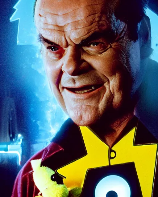 Image similar to Jack Nicholson plays Pikachu Terminator, scene where his inner exoskeleton is visible and his eye glows red, film poster