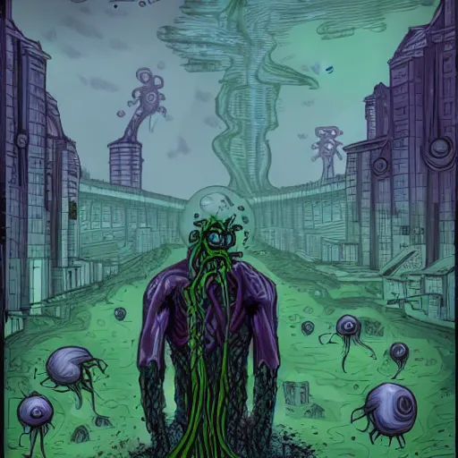 Prompt: purple infection, eldritch abomination, disease, sickness, plant corruption, mutation, wild taint, abandoned modern city, post apocalyptic