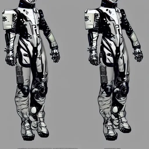 Image similar to Front, side and back character view of Astronaut from Kojima Productions by Yoji Shinkawa with Artgem and Donato Giancola, trending on Artstation concept arts