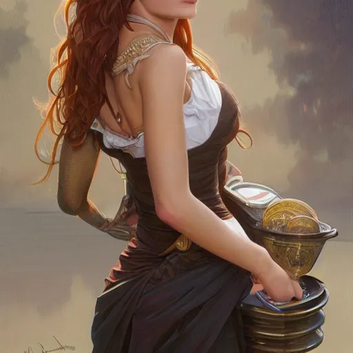 Image similar to ultra realistic illustration, bella thorne as barmaid, intricate, elegant, highly detailed, digital painting, artstation, concept art, smooth, sharp focus, illustration, art by artgerm and greg rutkowski and alphonse mucha