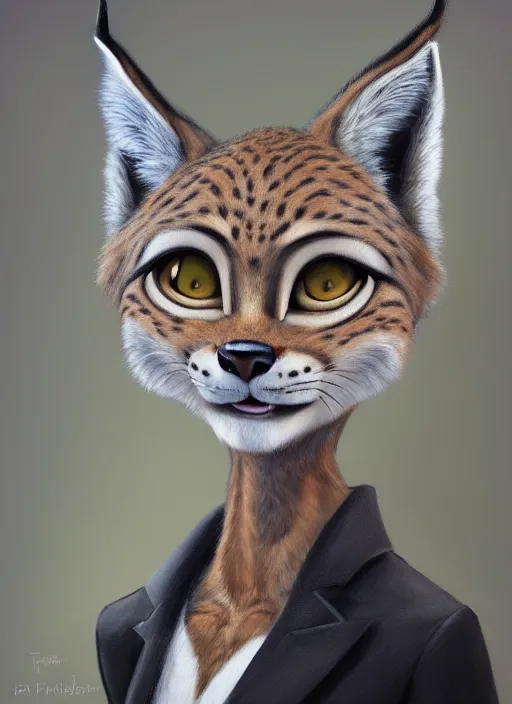 Prompt: oil painting of anthromorphic female lynx, in style of zootopia, female fursona, furry, furaffinity, 4 k, deviantart, furry art, fursona art, wearing black business suit, business suit, lynx fursona, female, very expressive detailed feminine face,