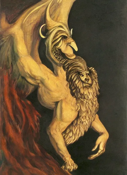 Image similar to human / eagle / lion / ox hybrid with two horns, one big beak, mane, human body. drawn by francis bacon