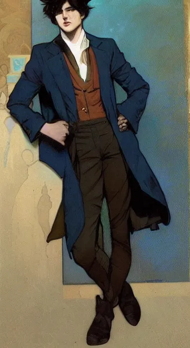 Image similar to Full body portrait of a pretty catboy in his twenties in fancy clothes. Art by Greg Rutkowski and Alphonse Mucha