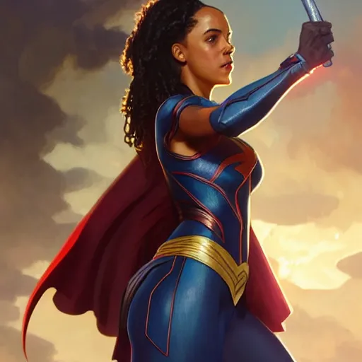 Image similar to Maisie Richardson-Sellers as Super Girl, western, D&D, fantasy, intricate, elegant, highly detailed, digital painting, artstation, concept art, matte, sharp focus, illustration, art by Artgerm and Greg Rutkowski and Alphonse Mucha