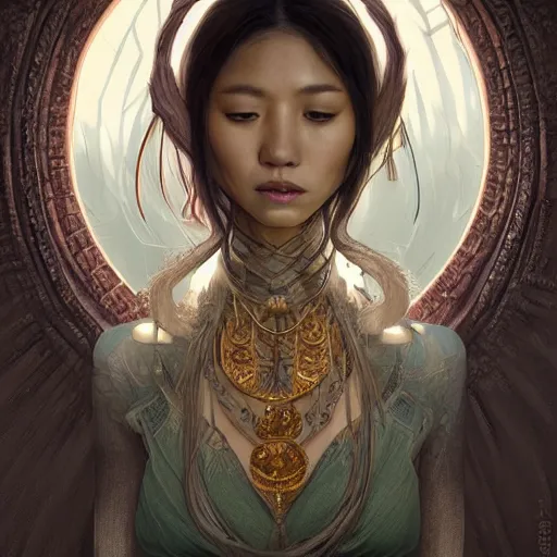 Image similar to ultra realistic illustration of asian beauty cj miles as a cyber shamanic witch casting am elderit h spell, intricate, elegant, highly detailed, digital painting, artstation, concept art, smooth, sharp focus, illustration, art by artgerm and greg rutkowski and alphonse mucha