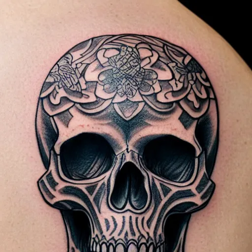 Image similar to highly detailed skull, Japanese style, tattoo ink sketch, isolated on white background