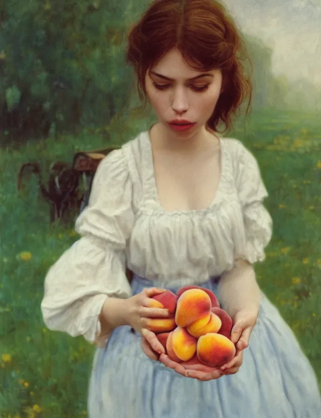 Prompt: peasant girl eating peaches, portrait, lolita style, Cottage core, Cinematic focus, Polaroid photo, vintage, neutral colors, soft lights, foggy, by Steve Hanks, by Serov Valentin, by Andrei Tarkovsky, by Terrence Malick, 8k render, detailed, oil on canvas