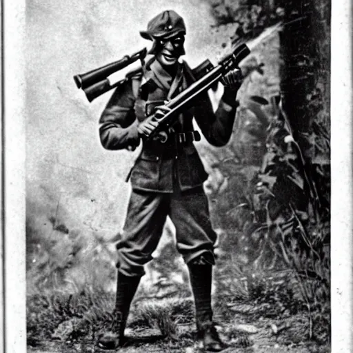 Image similar to old wartime photograph of crash bandicoot the video game character holding a lewis gun, 1 9 1 7