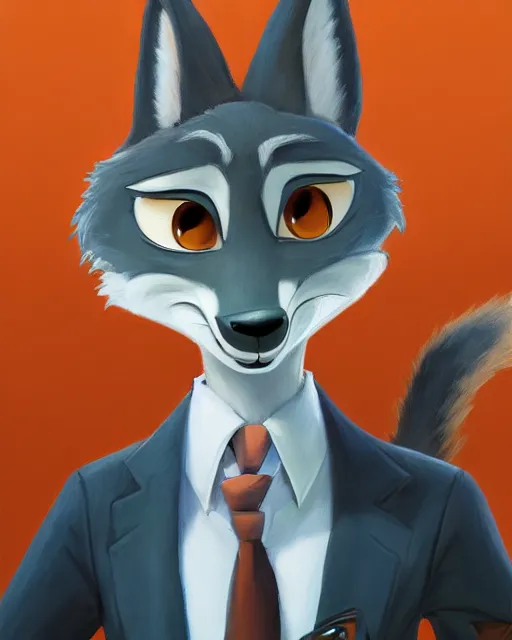 Image similar to oil painting of anthromorphic female wolf, in style of zootopia, zootopia, zootopia, fursona, furry, furaffinity, 4 k, deviantart, furry art, fursona art, wearing black business suit, business suit, in style of zootopia, wolf fursona, cyberpunk, female, expressive detailed feminine face,