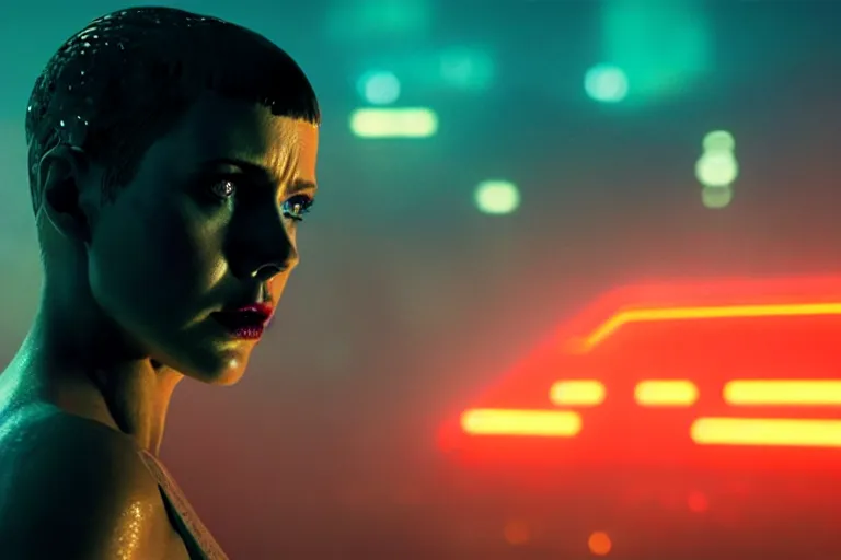 Image similar to film still of closeup cyborg in blade runner 2 0 4 9, space port, cinematic, moody, gritty neon noir by emmanuel lubezki