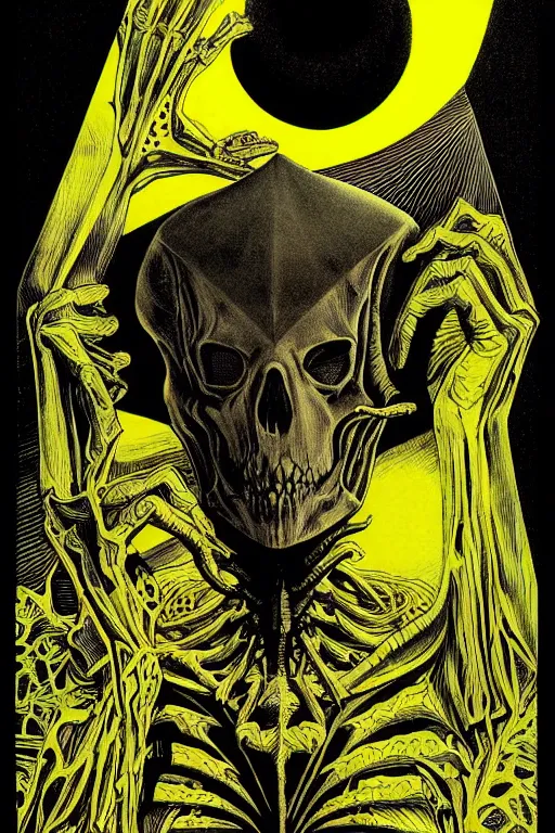 Prompt: portrait of black and yellow technicolor grainshading print, richard corben, wayne barlowe, moebius, heavy metal comic cover art, psychedelic triangular skeleton, very intricate, thick outline, full body, symmetrical face, long black crown, in a shapes background, galactic dark colors