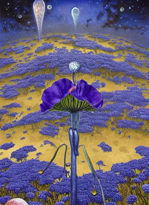 Image similar to detailed, intricate blue black and purple papaverum flower on the field, nebula, galaxy in the sky, winning award masterpiece, fantastically beautiful, illustration, aestheticly inspired, jacek yerka, upscale with anguissola sofonisba work, artstation, 8 k