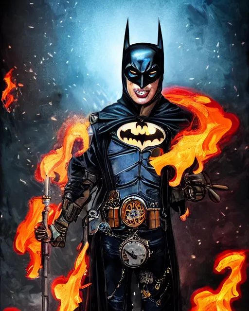 Image similar to steampunk batman with fire and ice magic coming out from his hands in a dystopian environment, full body view, highly detailed, amazing digital art, artstation, sharp focus