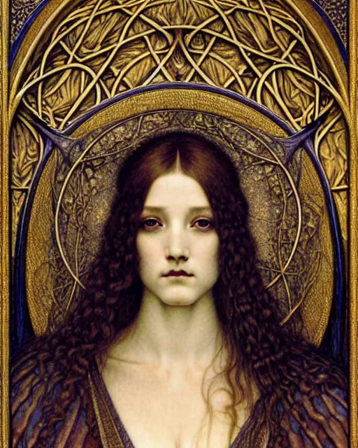 Image similar to detailed realistic beautiful young medieval queen face portrait by jean delville, gustave dore and marco mazzoni, art nouveau, symbolist, visionary, gothic, pre - raphaelite. horizontal symmetry