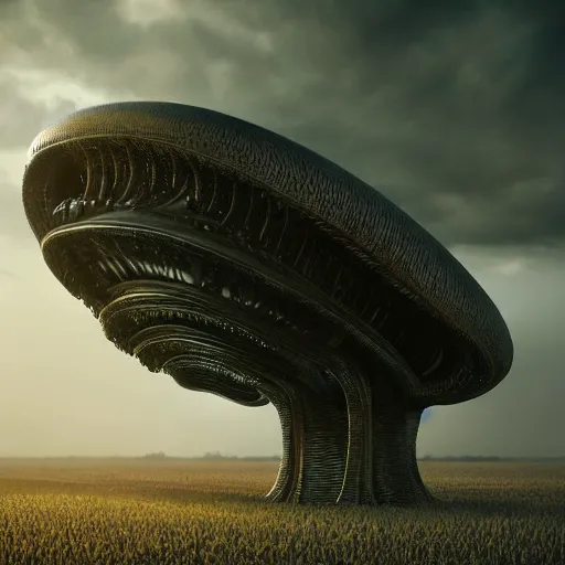 Image similar to large ominous alien structure in the middle of a corn field, dark, moody, highly detailed, trending on artstation, concept art, sharp focus, octane render, dramatic volumetric lighting, art by hr giger