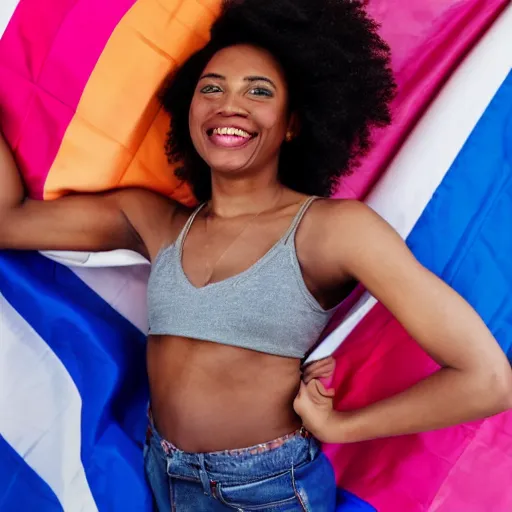 Prompt: black woman holding a bisexual pride flag and smiling