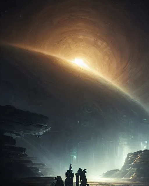 Image similar to A matted painting of humanoid Aliens of the Sun on a spaceship environment with expansive views of space, inspired by greg rutkowski and Keith Mallett and felix kelly, digital art, insanely detailed extremely moody lighting, glowing light and shadow, atmospheric, shadowy, cinematic